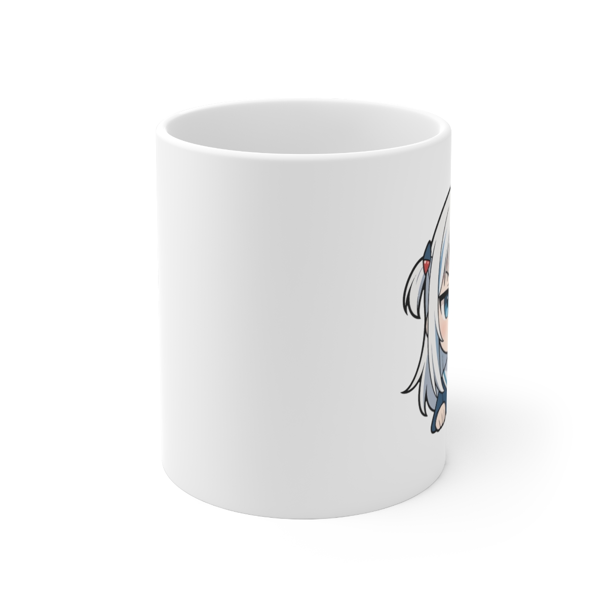 White ceramic mug with a blue rim and handle. The mug features a cartoon illustration of a young woman with white hair and blue eyes. The illustration is set against a blue and white background. - alternate angle 1, merchandise