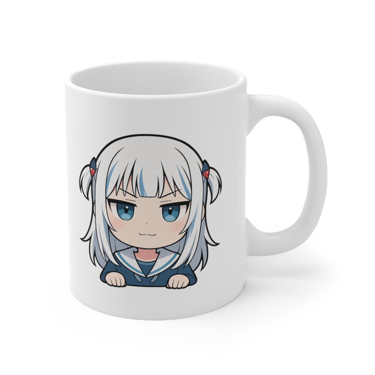 White ceramic mug with a blue rim and handle. The mug features a cartoon illustration of a young woman with white hair and blue eyes. The illustration is set against a blue and white background.