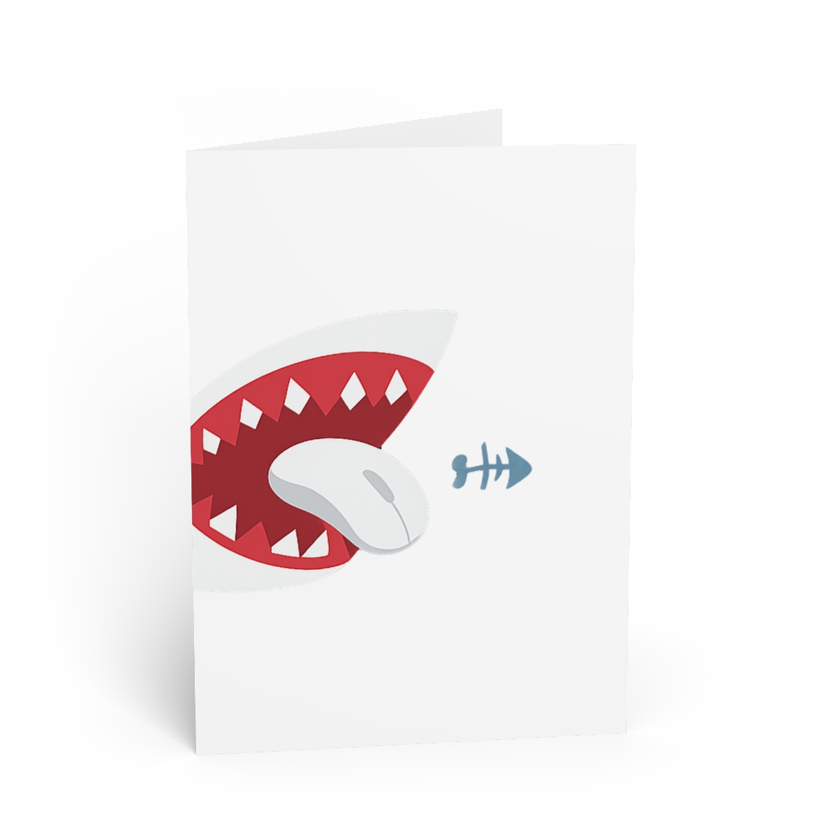 A blue and white shark-themed mousepad with a red open mouth and a white computer mouse inside. The mousepad has a white border and a blue gradient.