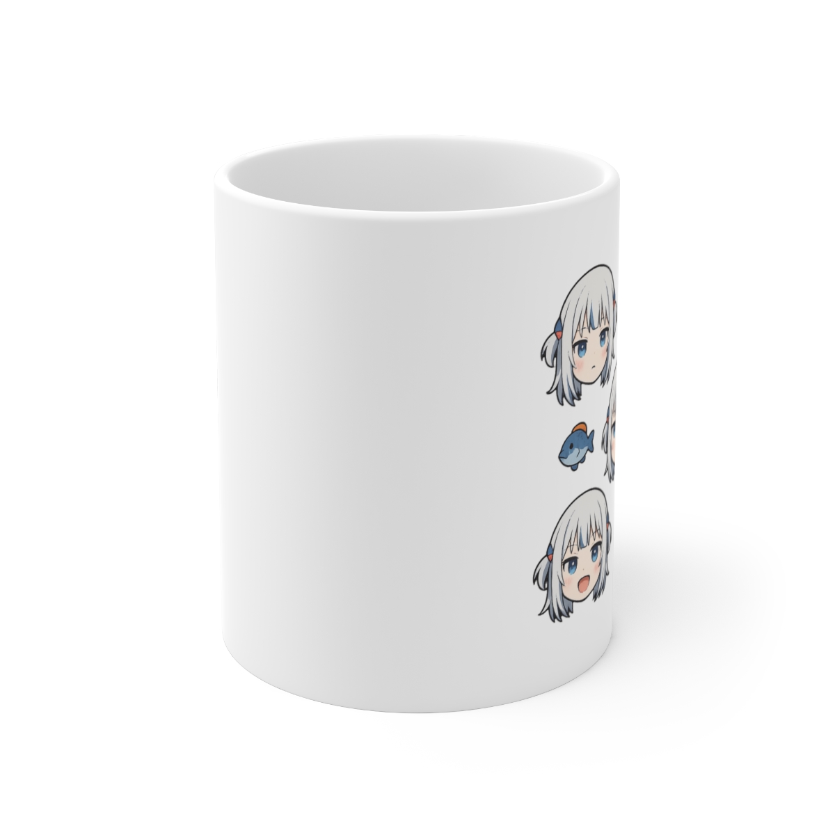 White ceramic mug with a colourful cartoon design featuring a character with pink cheeks and blue hair. The mug has a black handle and is decorated with a repeating pattern of the character and a fish... - alternate angle 1, merchandise