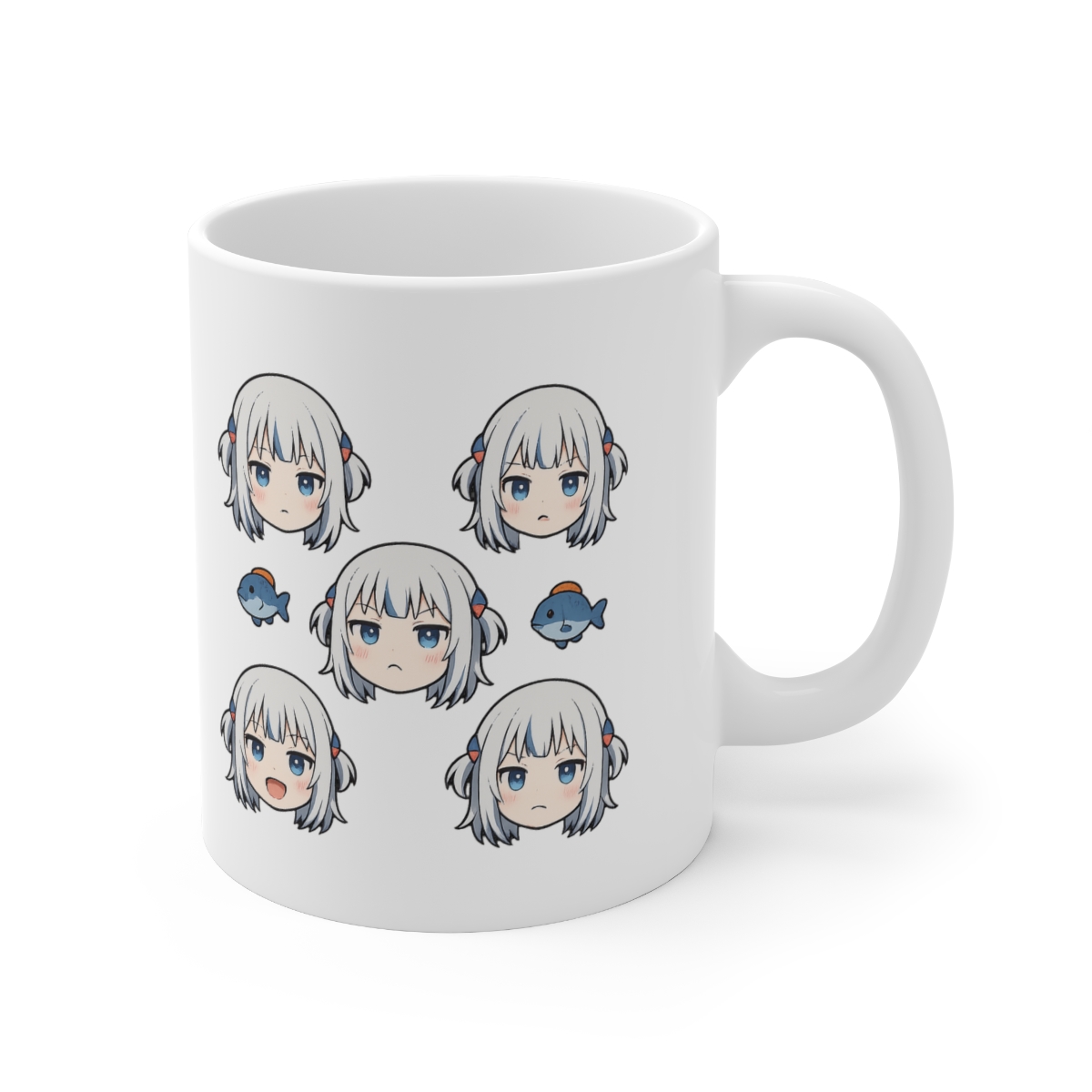 White ceramic mug with a colourful cartoon design featuring a character with pink cheeks and blue hair. The mug has a black handle and is decorated with a repeating pattern of the character and a fish...