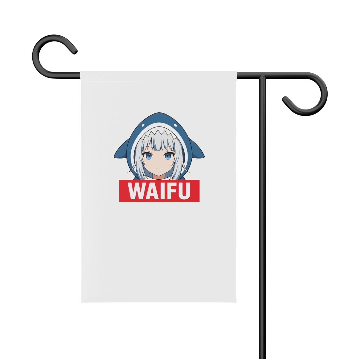 White t-shirt featuring a cartoon illustration of a girl with blue eyes and white hair wearing a blue shark costume. The text "WAIFU" is printed in red on a white banner. - alternate angle 1, merchandise