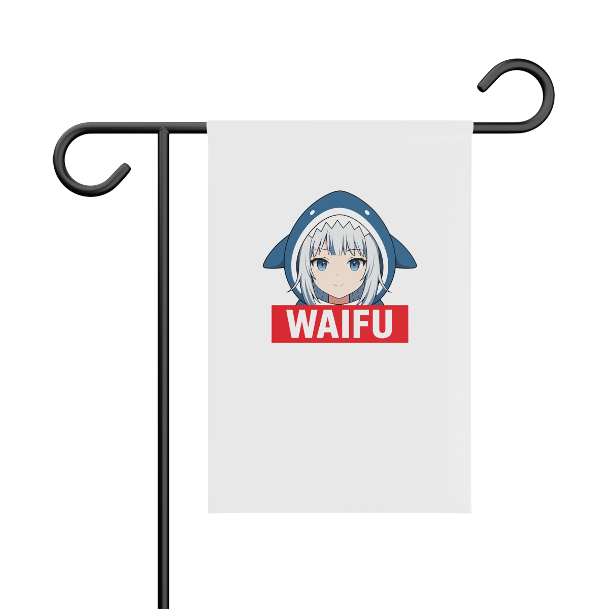 White t-shirt featuring a cartoon illustration of a girl with blue eyes and white hair wearing a blue shark costume. The text "WAIFU" is printed in red on a white banner.