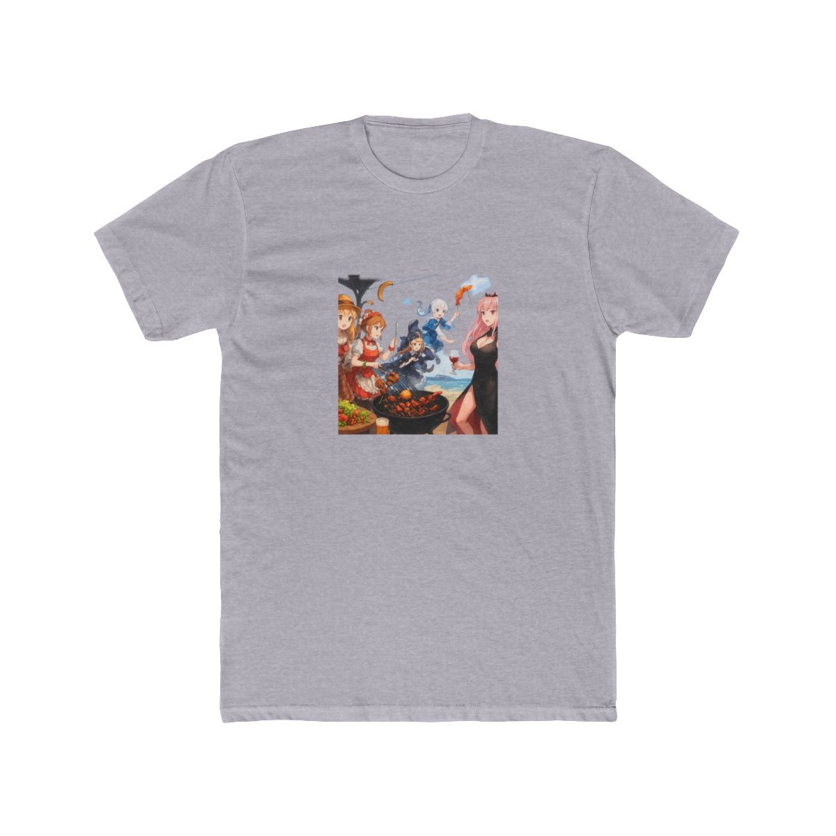 A colourful illustration of five anime characters enjoying a barbecue on a beach. The characters are dressed in various outfits, including a detective coat, a red and white dress, a black dress, a... - alternate angle 4, merchandise
