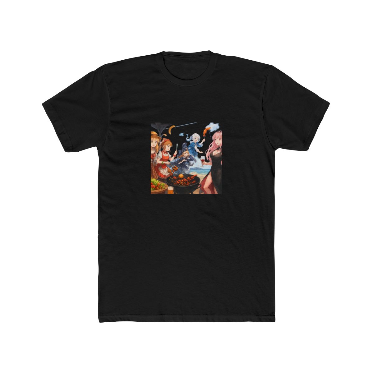 A colourful illustration of five anime characters enjoying a barbecue on a beach. The characters are dressed in various outfits, including a detective coat, a red and white dress, a black dress, a... - alternate angle 3, merchandise