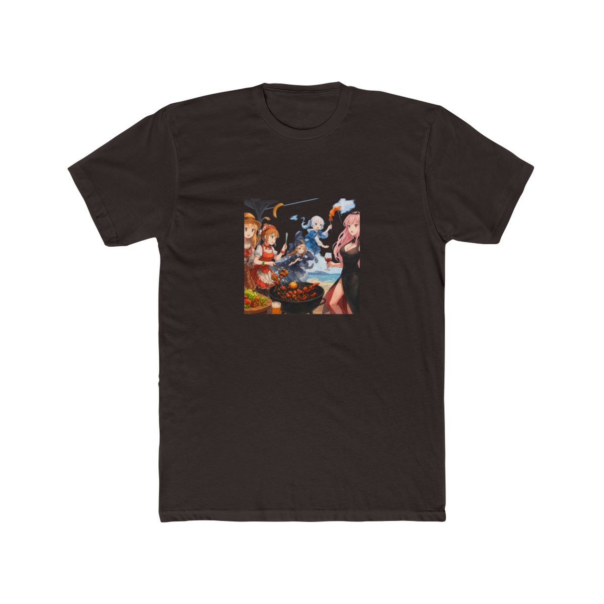 A colourful illustration of five anime characters enjoying a barbecue on a beach. The characters are dressed in various outfits, including a detective coat, a red and white dress, a black dress, a... - alternate angle 2, merchandise
