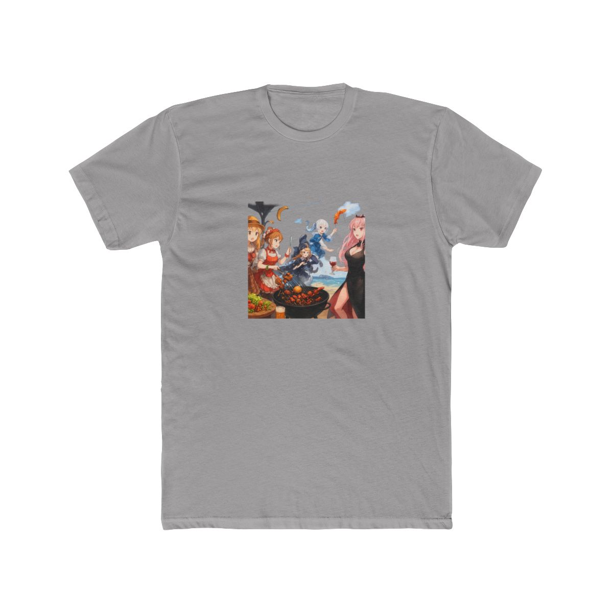 A colourful illustration of five anime characters enjoying a barbecue on a beach. The characters are dressed in various outfits, including a detective coat, a red and white dress, a black dress, a...