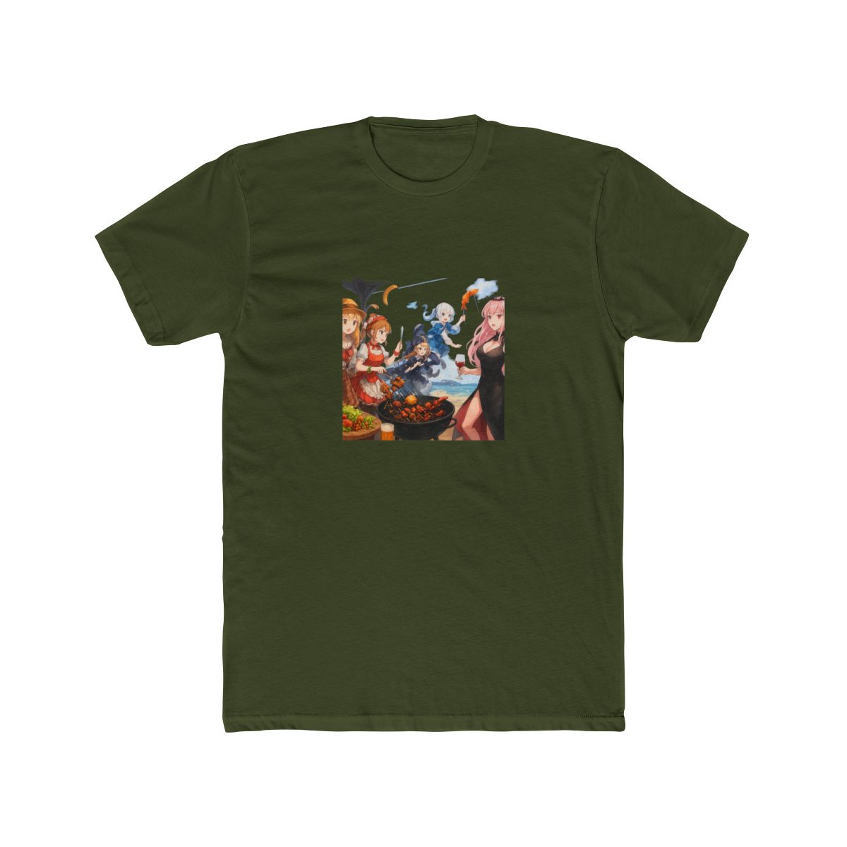 A colourful illustration of five anime characters enjoying a barbecue on a beach. The characters are dressed in various outfits, including a detective coat, a red and white dress, a black dress, a... - alternate angle 5, merchandise
