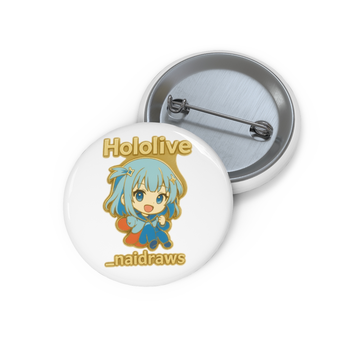A gold-coloured enamel pin featuring a blue-haired anime character with a blue and red outfit. The pin is on a black background with the text "Hololive" and "_naidraws".