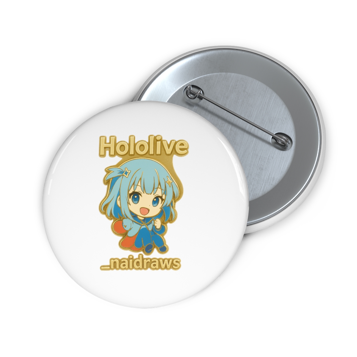 A gold-coloured enamel pin featuring a blue-haired anime character with a blue and red outfit. The pin is on a black background with the text "Hololive" and "_naidraws". - alternate angle 1, merchandise
