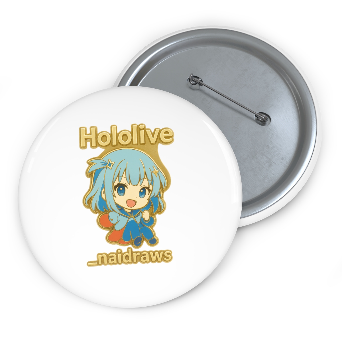A gold-coloured enamel pin featuring a blue-haired anime character with a blue and red outfit. The pin is on a black background with the text "Hololive" and "_naidraws". - alternate angle 2, merchandise