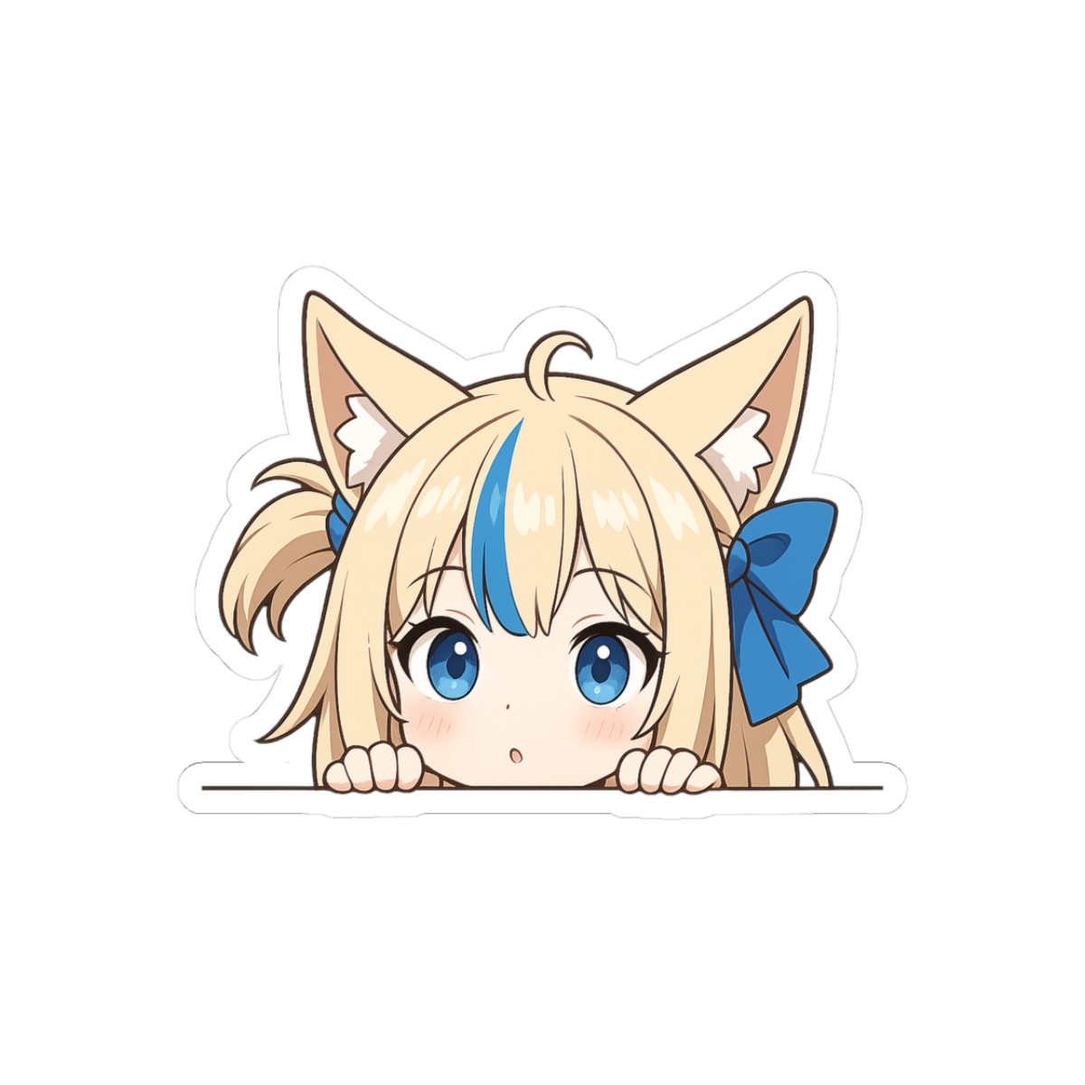 A cartoon sticker of a character with blonde hair, blue highlights, and large blue eyes. The character has cat-like ears and is peeking over an edge, with small hands visible. A blue bow is in the...