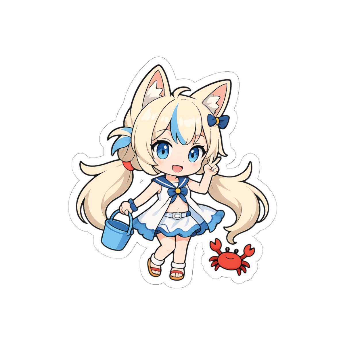 A sticker of an anime-style character with fox ears and blue eyes, dressed in a sailor outfit with a blue bow. The character holds a blue bucket, with a red crab nearby. The background is a mix of... - alternate angle 1, merchandise
