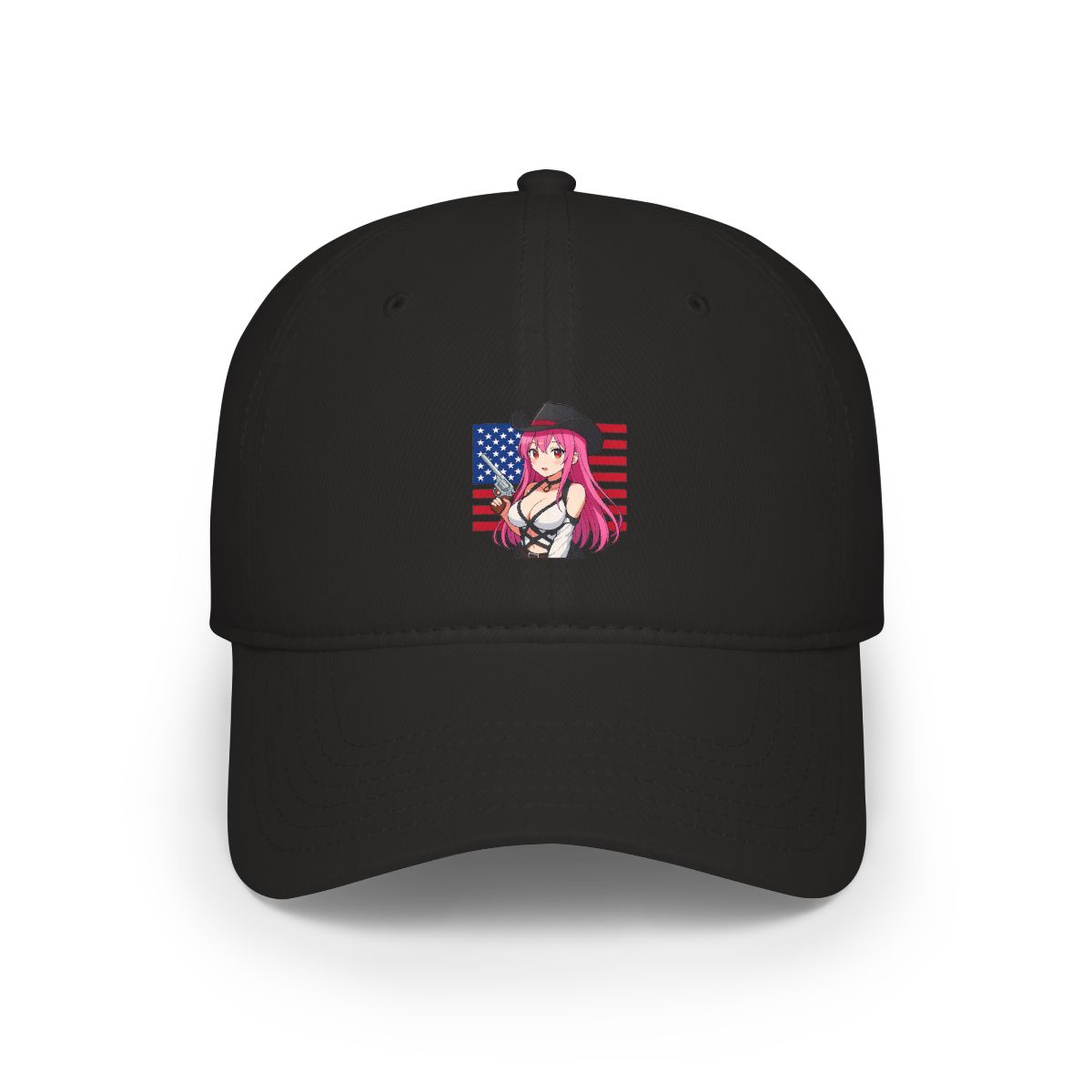 A colourful anime-style flag featuring a woman with pink hair wearing a black hat and holding a gun. The flag is a red, white and blue American flag design. - alternate angle 2, merchandise