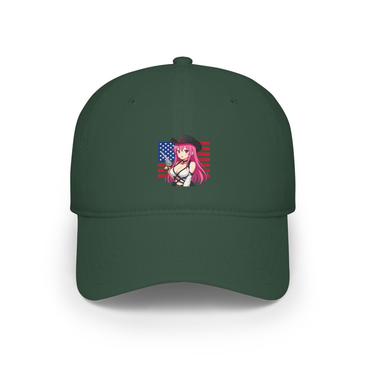 A colourful anime-style flag featuring a woman with pink hair wearing a black hat and holding a gun. The flag is a red, white and blue American flag design. - alternate angle 4, merchandise