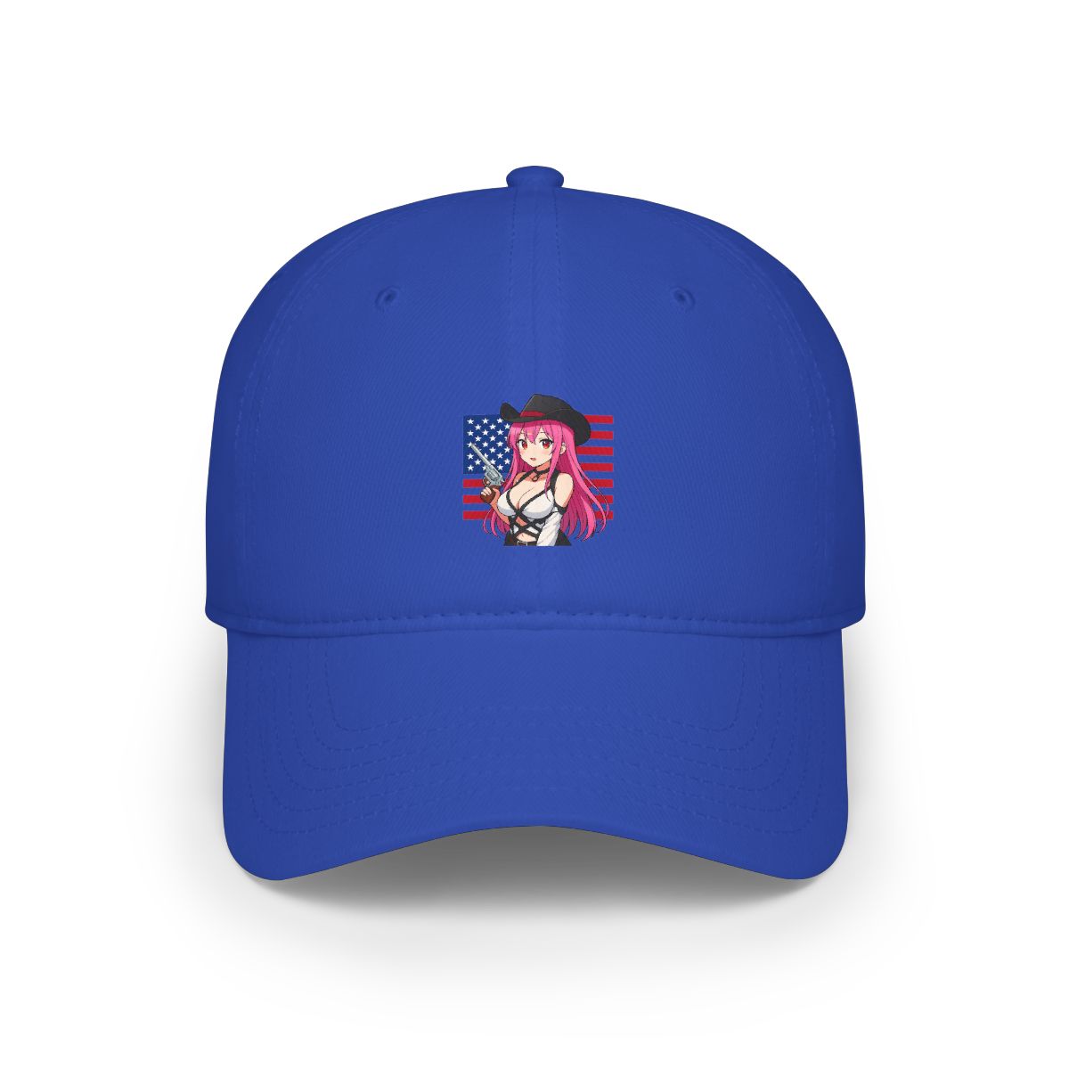 A colourful anime-style flag featuring a woman with pink hair wearing a black hat and holding a gun. The flag is a red, white and blue American flag design. - alternate angle 5, merchandise
