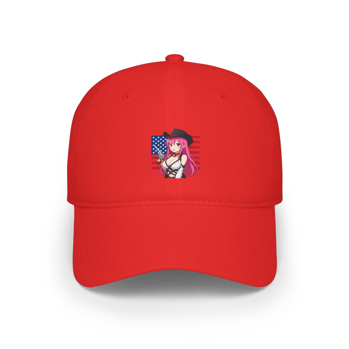 A colourful anime-style flag featuring a woman with pink hair wearing a black hat and holding a gun. The flag is a red, white and blue American flag design.