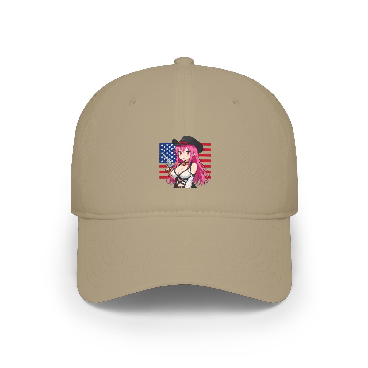 A colourful anime-style flag featuring a woman with pink hair wearing a black hat and holding a gun. The flag is a red, white and blue American flag design. - alternate angle 3, merchandise