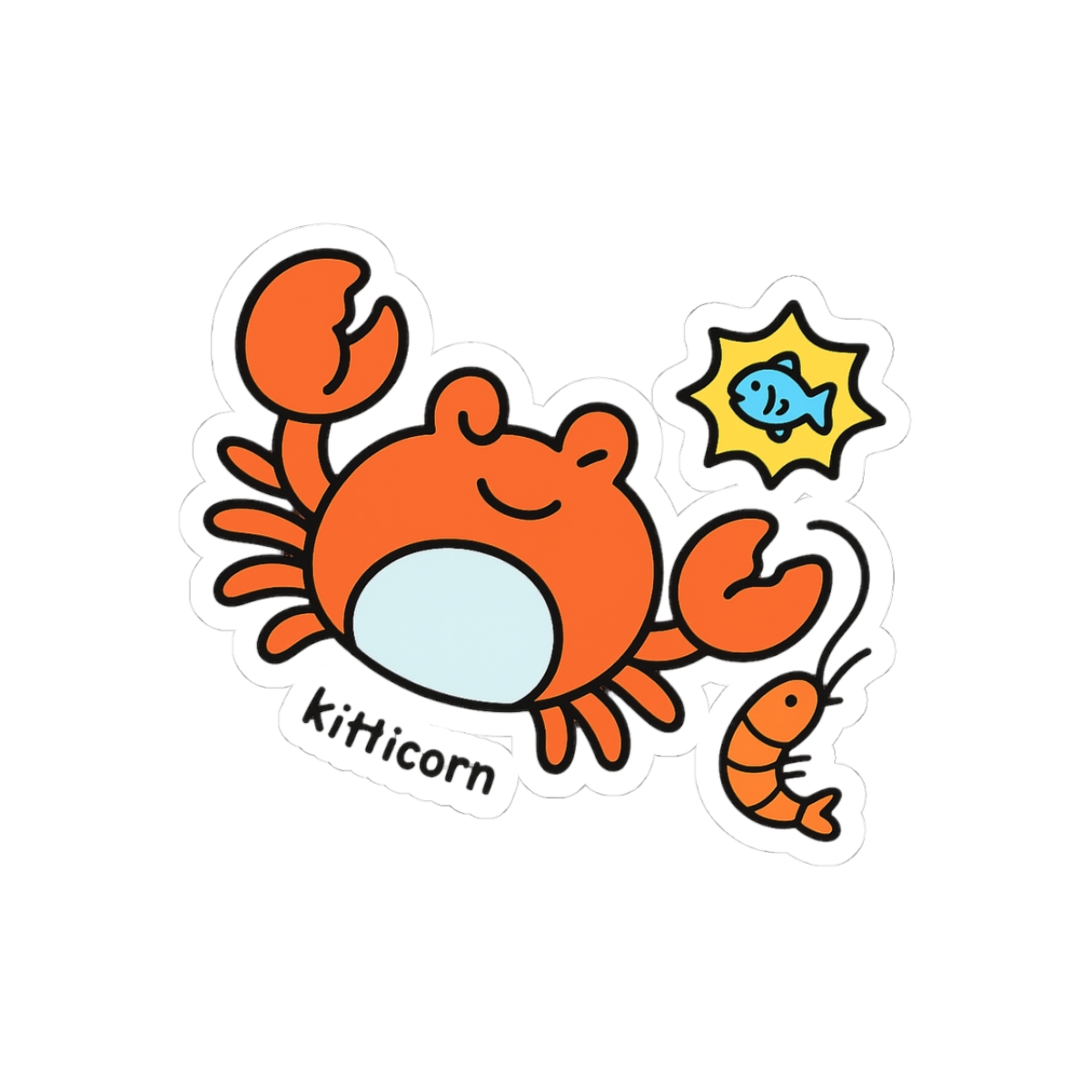 A sticker depicting a cartoon crab with orange claws and body, a white belly, and brown legs. A small orange shrimp and a blue fish are also shown. The sticker has the text "KITTYGORIAN" on it.
