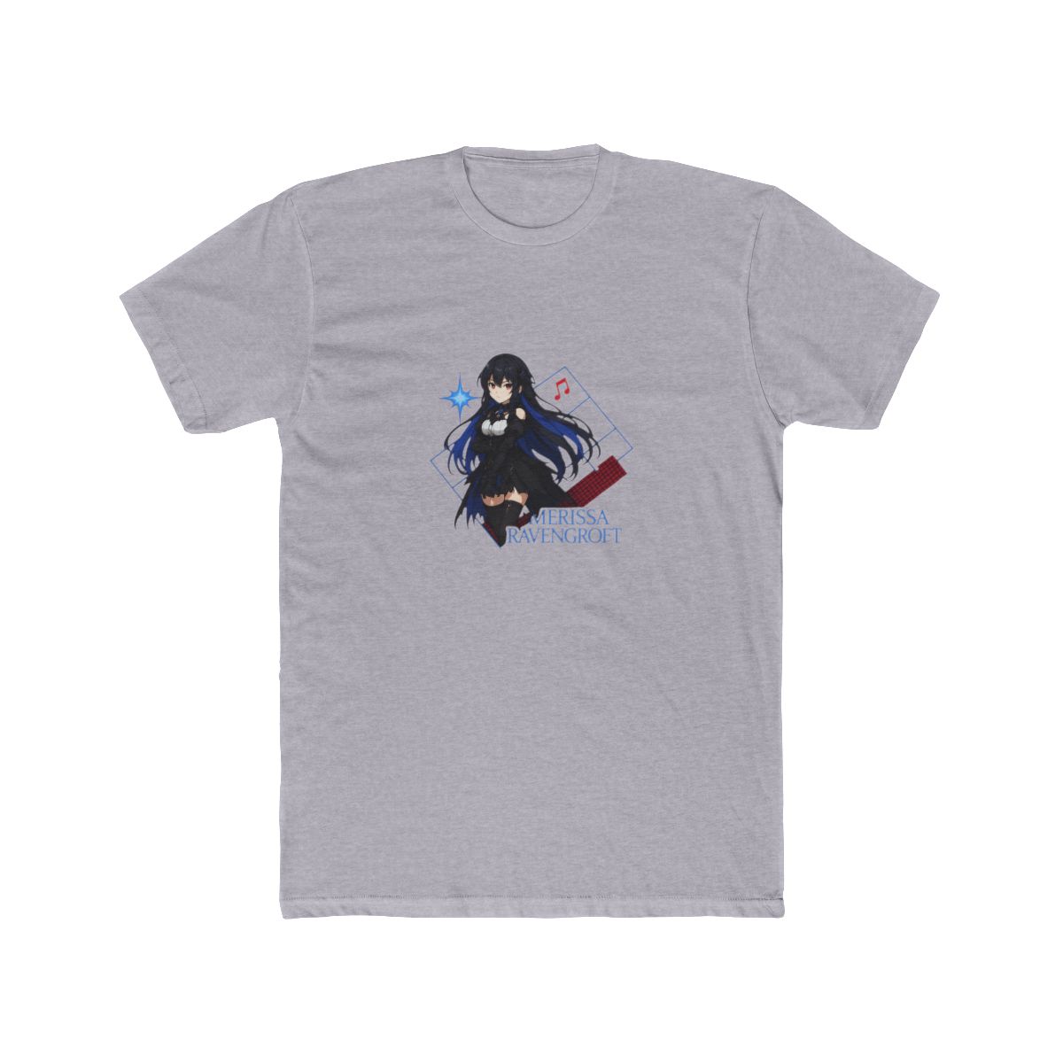 Black t-shirt with an anime-style illustration of a character with black and blue hair, red eyes, and a black outfit. The design includes the text "NERISSA RAVENCROFT" and musical notes. A tag that... - alternate angle 2, merchandise