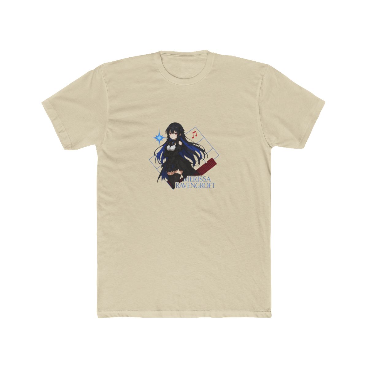 Black t-shirt with an anime-style illustration of a character with black and blue hair, red eyes, and a black outfit. The design includes the text "NERISSA RAVENCROFT" and musical notes. A tag that... - Official T-Shirts merchandise