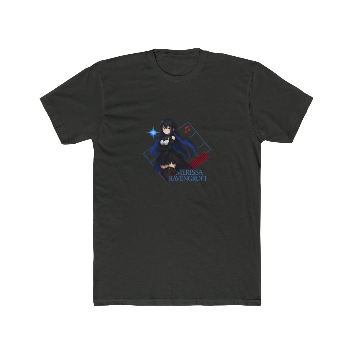 Black t-shirt with an anime-style illustration of a character with black and blue hair, red eyes, and a black outfit. The design includes the text "NERISSA RAVENCROFT" and musical notes. A tag that... - alternate angle 5, merchandise