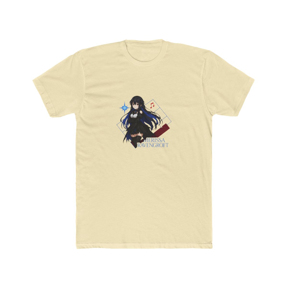 Black t-shirt with an anime-style illustration of a character with black and blue hair, red eyes, and a black outfit. The design includes the text "NERISSA RAVENCROFT" and musical notes. A tag that... - alternate angle 3, merchandise