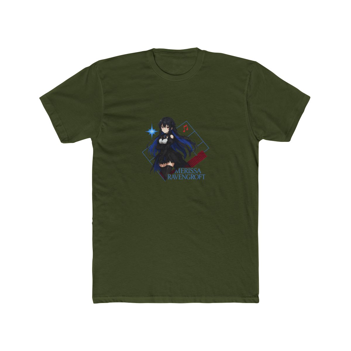 Black t-shirt with an anime-style illustration of a character with black and blue hair, red eyes, and a black outfit. The design includes the text "NERISSA RAVENCROFT" and musical notes. A tag that... - alternate angle 4, merchandise