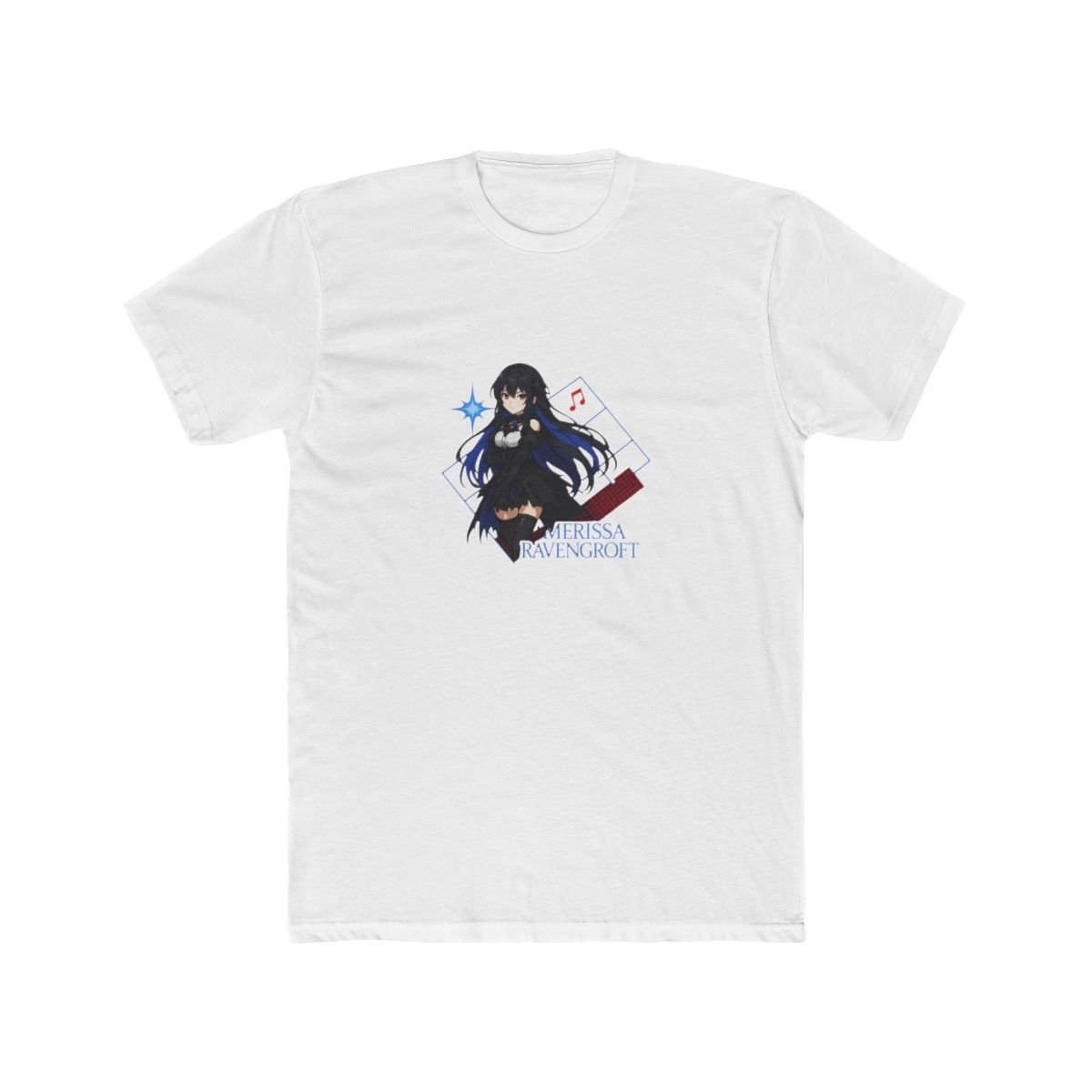 Black t-shirt with an anime-style illustration of a character with black and blue hair, red eyes, and a black outfit. The design includes the text "NERISSA RAVENCROFT" and musical notes. A tag that...