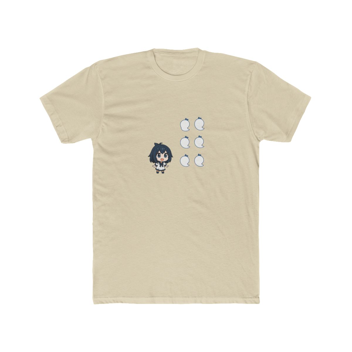 A blue microfiber cleaning cloth with a white ghost pattern and a small cartoon character with blue hair and a white dress. The cloth is folded in half and a pair of round glasses are lying on top of... - alternate angle 4, merchandise