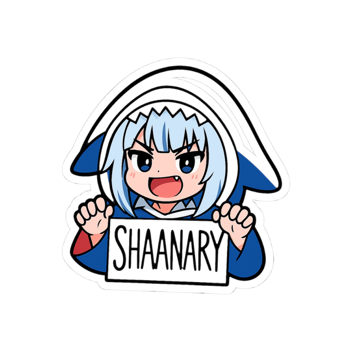 A white sticker featuring a blue and white cartoon character dressed in a shark costume. The character is holding a sign that reads "SHARK".