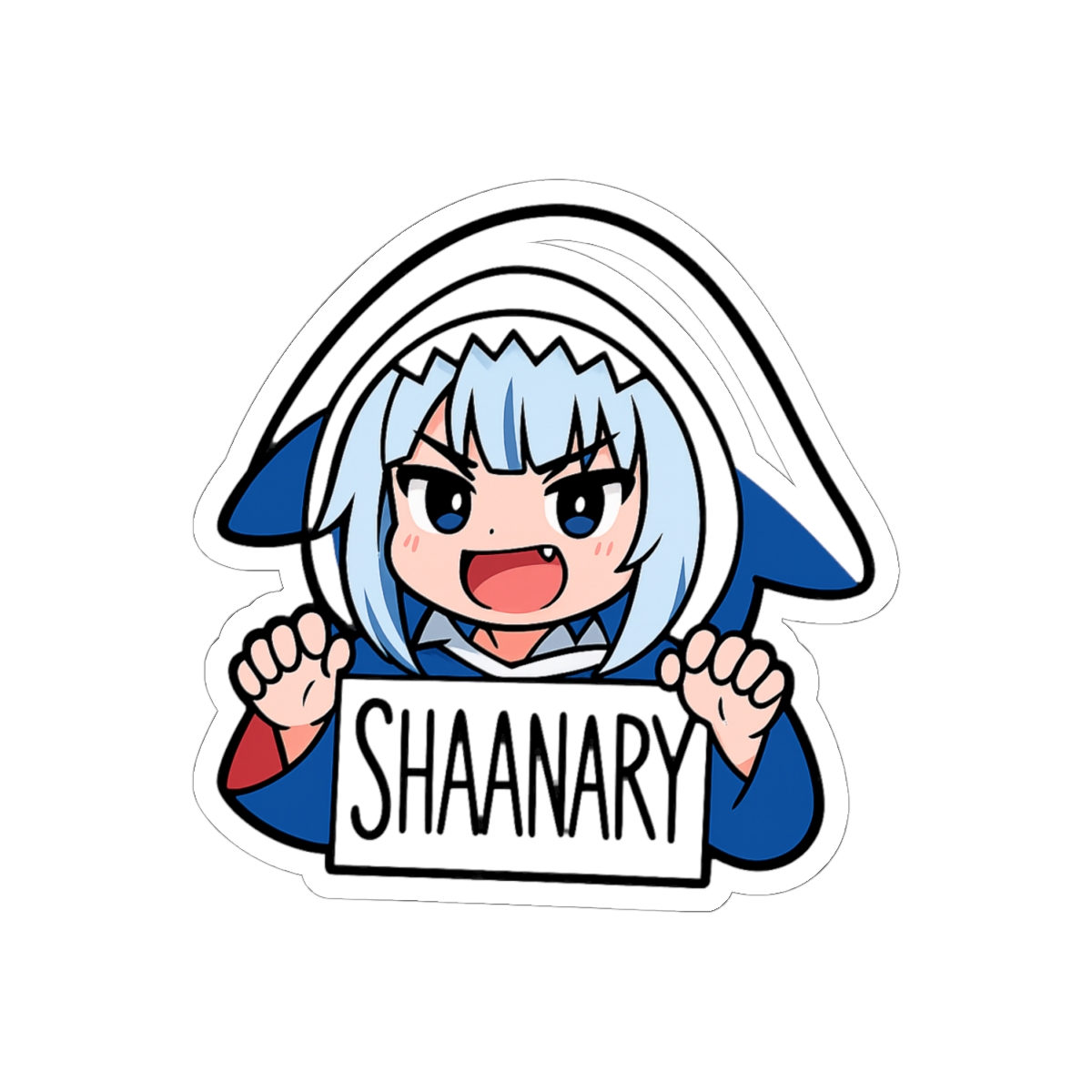 A white sticker featuring a blue and white cartoon character dressed in a shark costume. The character is holding a sign that reads "SHARK". - alternate angle 1, merchandise