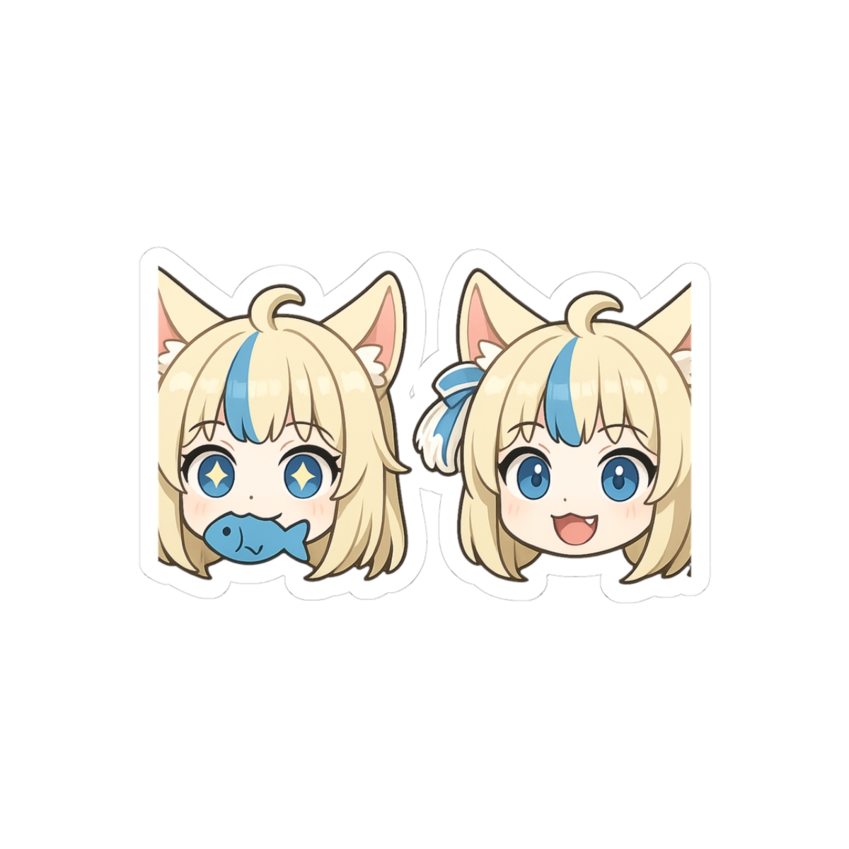 Two stacks of stickers depicting a cartoon anime character with cat ears, blue eyes, and a blue streak in their hair. One sticker has a blue fish in its mouth. The other sticker has an open mouth.