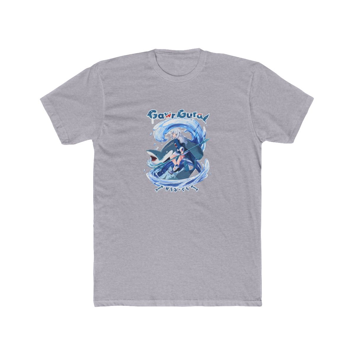 Black t-shirt featuring a blue and white graphic of a character with blue hair and a blue and white outfit riding a shark in a wave. The text "Gawr Gura" is printed in white above the graphic. The... - alternate angle 5, merchandise