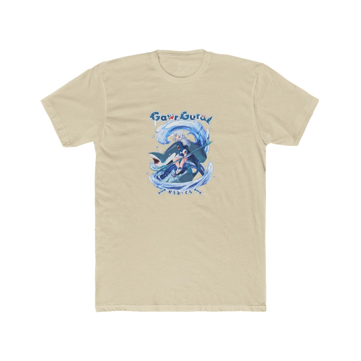 Black t-shirt featuring a blue and white graphic of a character with blue hair and a blue and white outfit riding a shark in a wave. The text "Gawr Gura" is printed in white above the graphic. The... - alternate angle 4, merchandise
