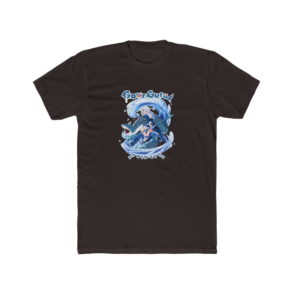 Black t-shirt featuring a blue and white graphic of a character with blue hair and a blue and white outfit riding a shark in a wave. The text "Gawr Gura" is printed in white above the graphic. The... - alternate angle 3, merchandise