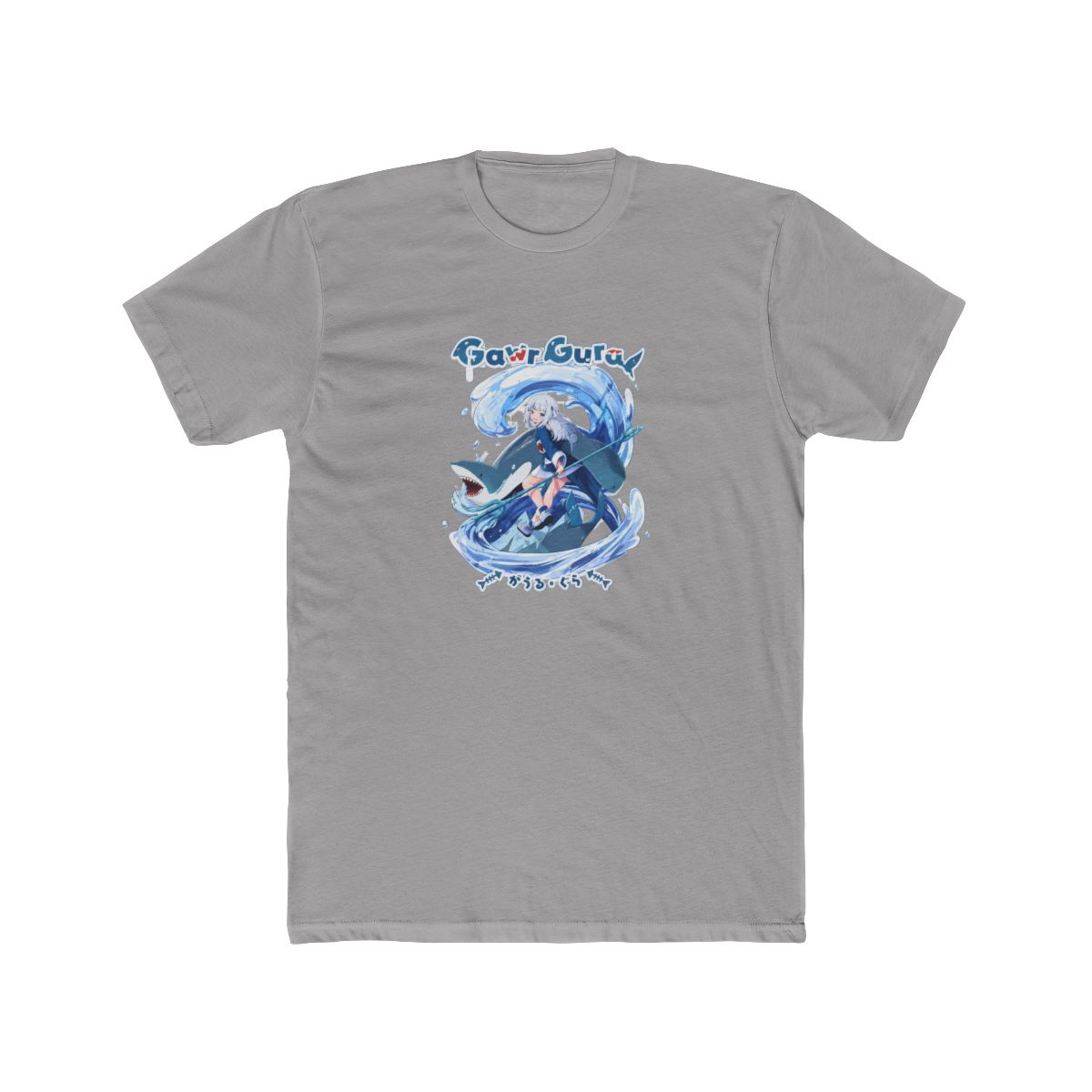 Black t-shirt featuring a blue and white graphic of a character with blue hair and a blue and white outfit riding a shark in a wave. The text "Gawr Gura" is printed in white above the graphic. The... - alternate angle 2, merchandise
