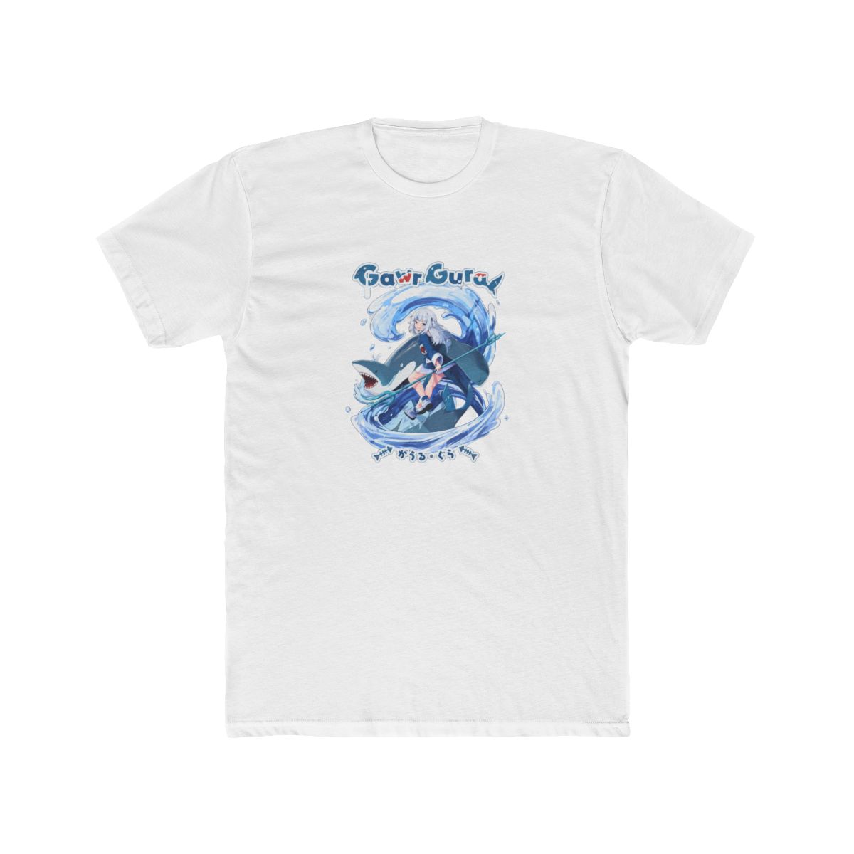 Black t-shirt featuring a blue and white graphic of a character with blue hair and a blue and white outfit riding a shark in a wave. The text "Gawr Gura" is printed in white above the graphic. The...