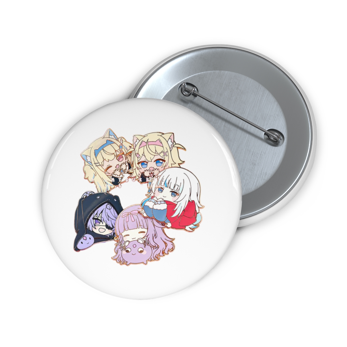 HoloEN enamel pin size 1.75 ~ 2 inch FUWAMOCO, Koseki Bijou, Ina, Gura Hololive English - alternate angle 1, merchandise