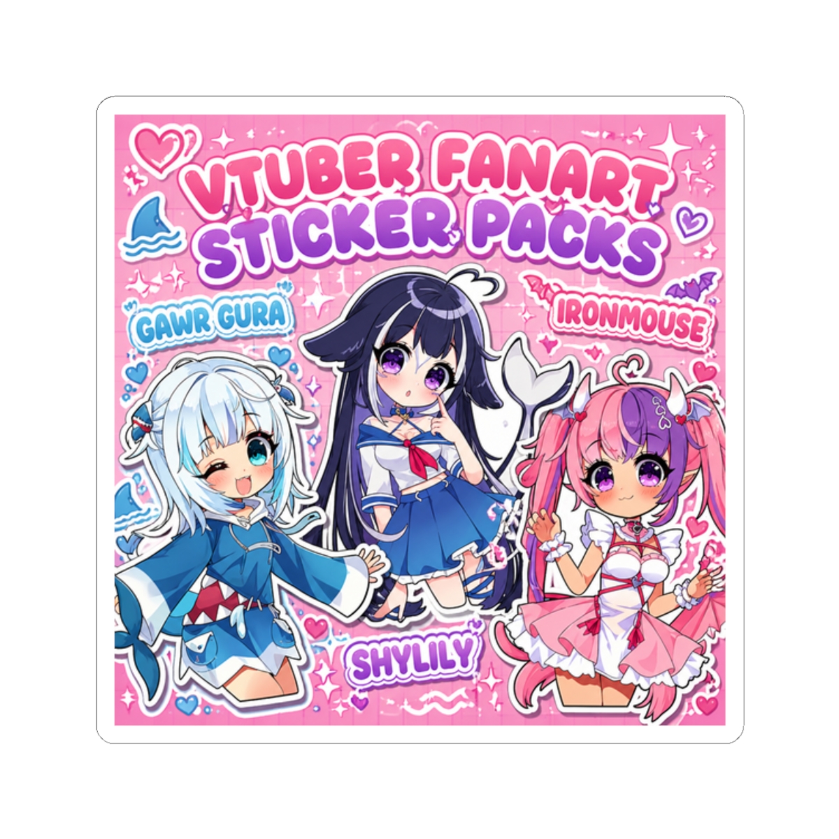 A sheet of VTuber fanart sticker packs featuring three anime-style characters. The stickers are labelled "Gawr Gura", "Shylily", and "Ironmouse". The background is pink with a grid pattern and the... - alternate angle 3, merchandise