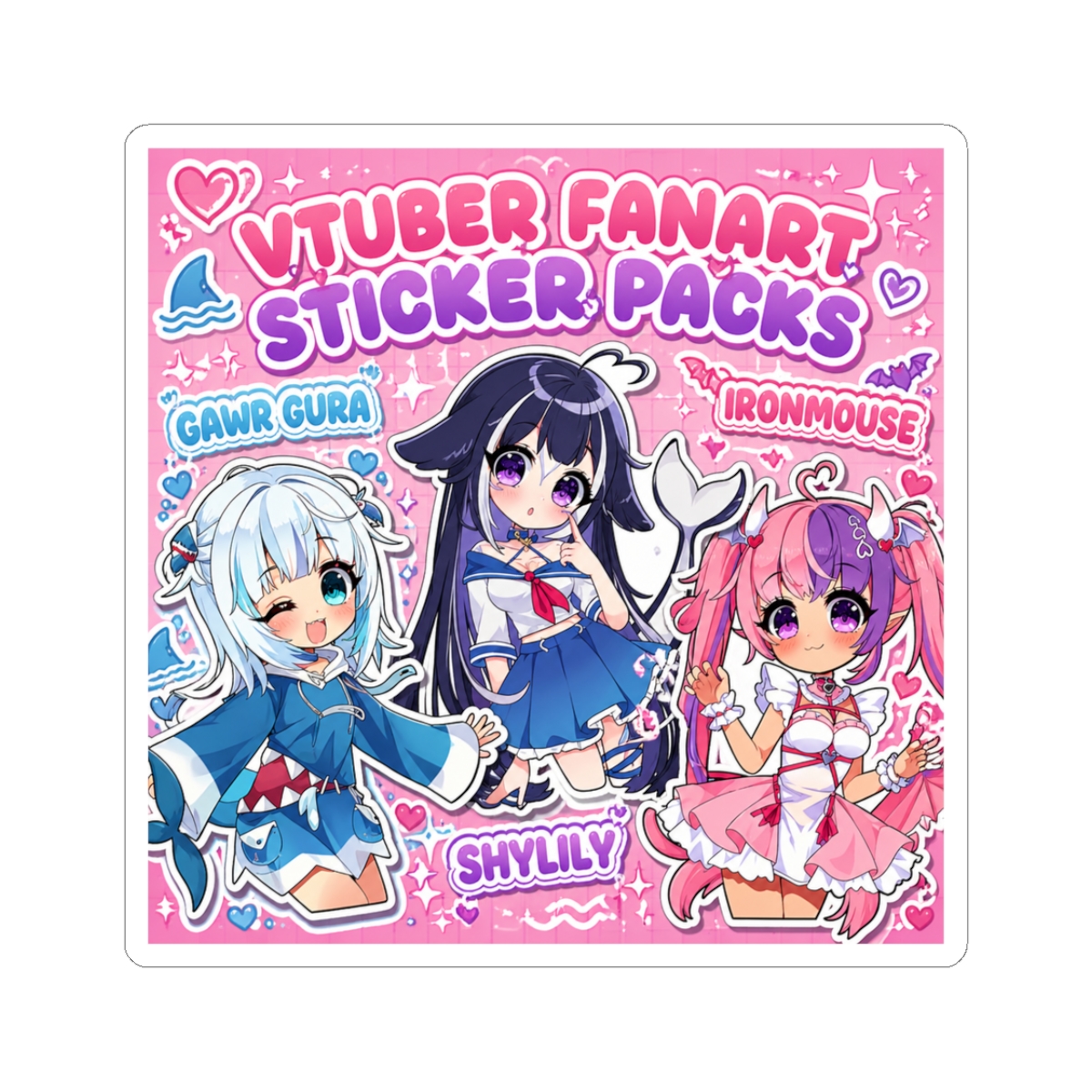 A sheet of VTuber fanart sticker packs featuring three anime-style characters. The stickers are labelled "Gawr Gura", "Shylily", and "Ironmouse". The background is pink with a grid pattern and the...